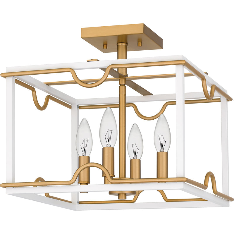 Quoizel Brinkman 14in 4-Light Semi-Flush Mount | Modern Matte White and Brushed Weathered Brass | Bedroom & Hallway | 14 x 14 x 13 in | Model BNK1714W