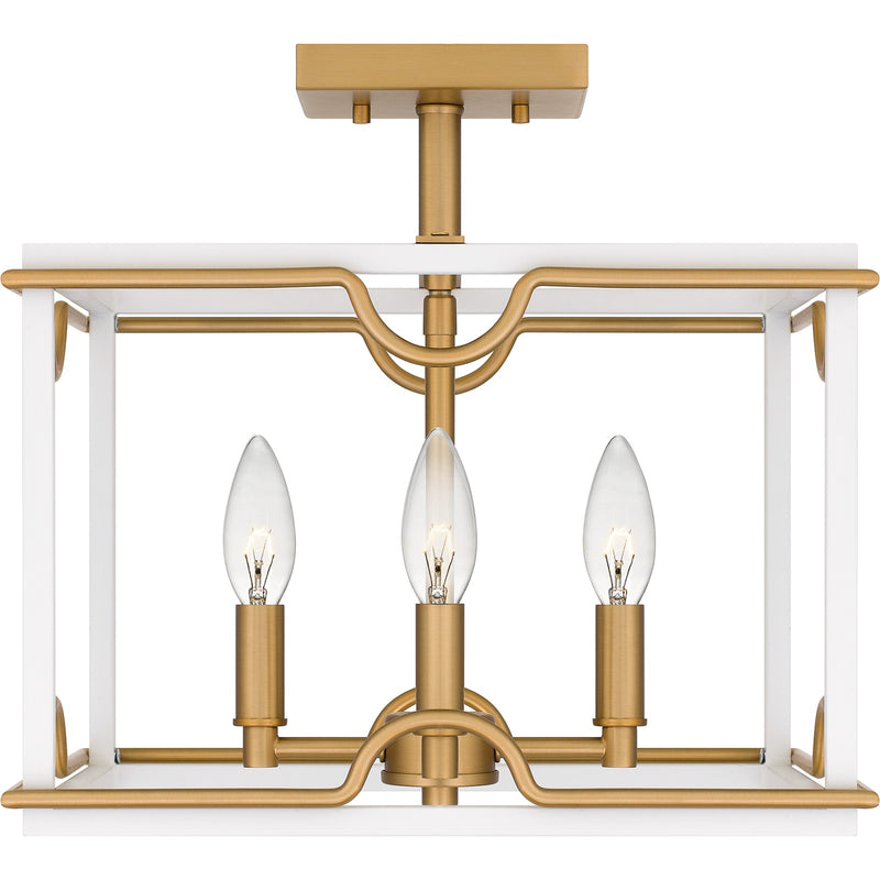 Quoizel Brinkman 14in 4-Light Semi-Flush Mount | Modern Matte White and Brushed Weathered Brass | Bedroom & Hallway | 14 x 14 x 13 in | Model BNK1714W