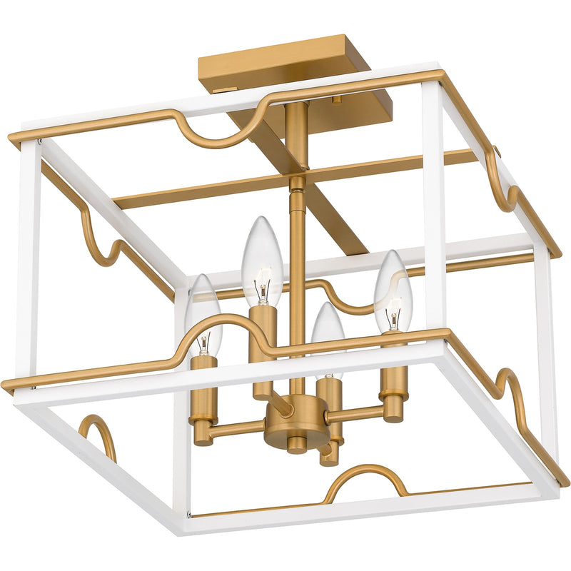 Quoizel Brinkman 14in 4-Light Semi-Flush Mount | Modern Matte White and Brushed Weathered Brass | Bedroom & Hallway | 14 x 14 x 13 in | Model BNK1714W