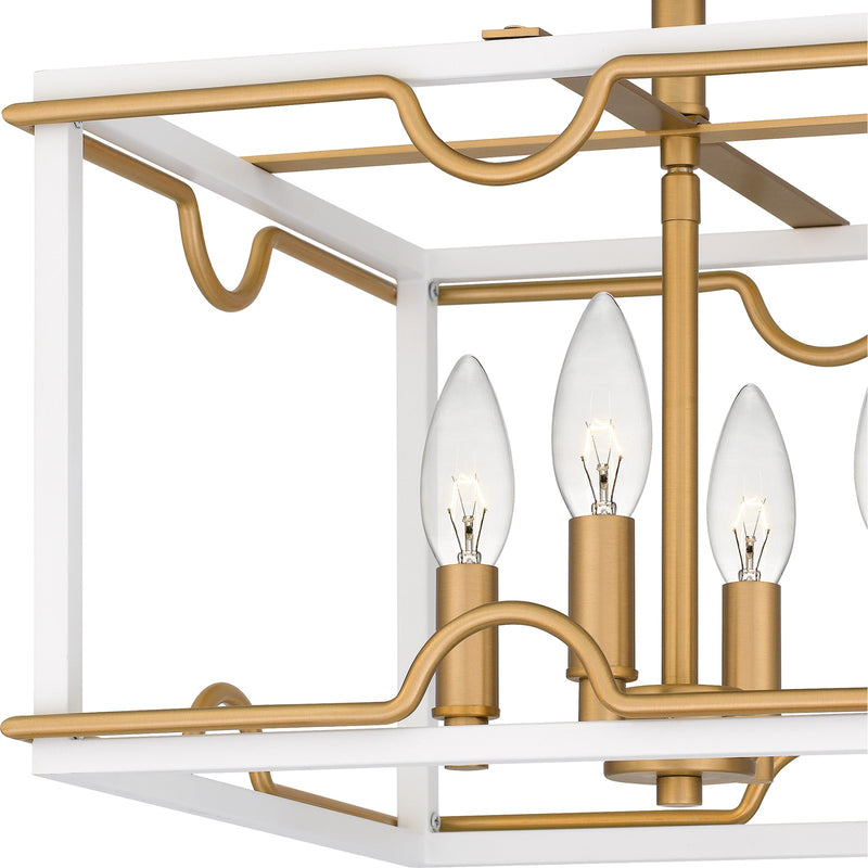 Quoizel Brinkman 14in 4-Light Semi-Flush Mount | Modern Matte White and Brushed Weathered Brass | Bedroom & Hallway | 14 x 14 x 13 in | Model BNK1714W
