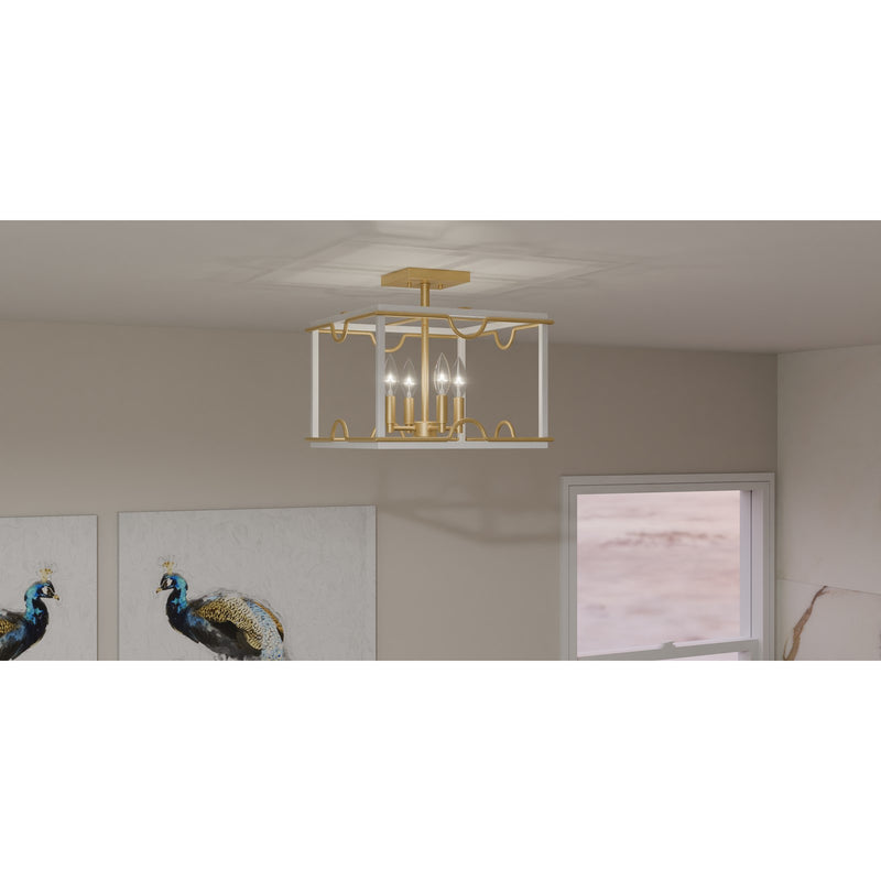 Quoizel Brinkman 14in 4-Light Semi-Flush Mount | Modern Matte White and Brushed Weathered Brass | Bedroom & Hallway | 14 x 14 x 13 in | Model BNK1714W