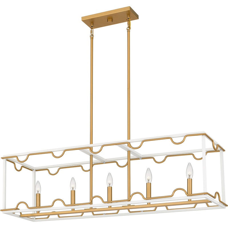 Quoizel Brinkman 42in 5-Light Island Chandelier | Modern Matte White and Brushed Weathered Brass Steel | Kitchen Island & Dining Room | Model BNK542W