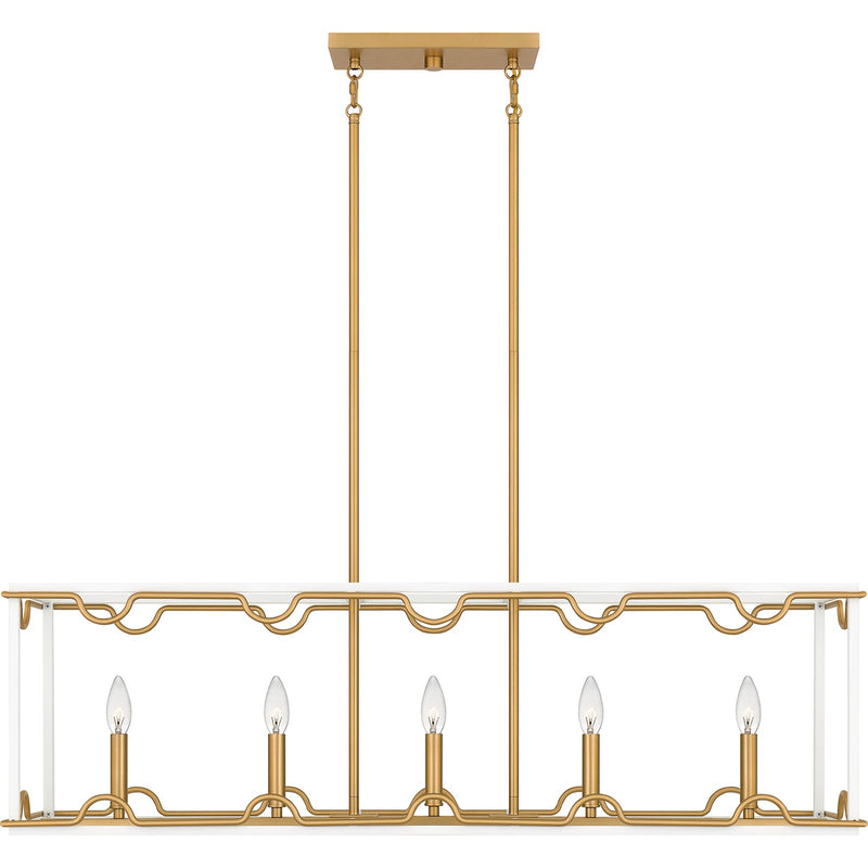 Quoizel Brinkman 42in 5-Light Island Chandelier | Modern Matte White and Brushed Weathered Brass Steel | Kitchen Island & Dining Room | Model BNK542W
