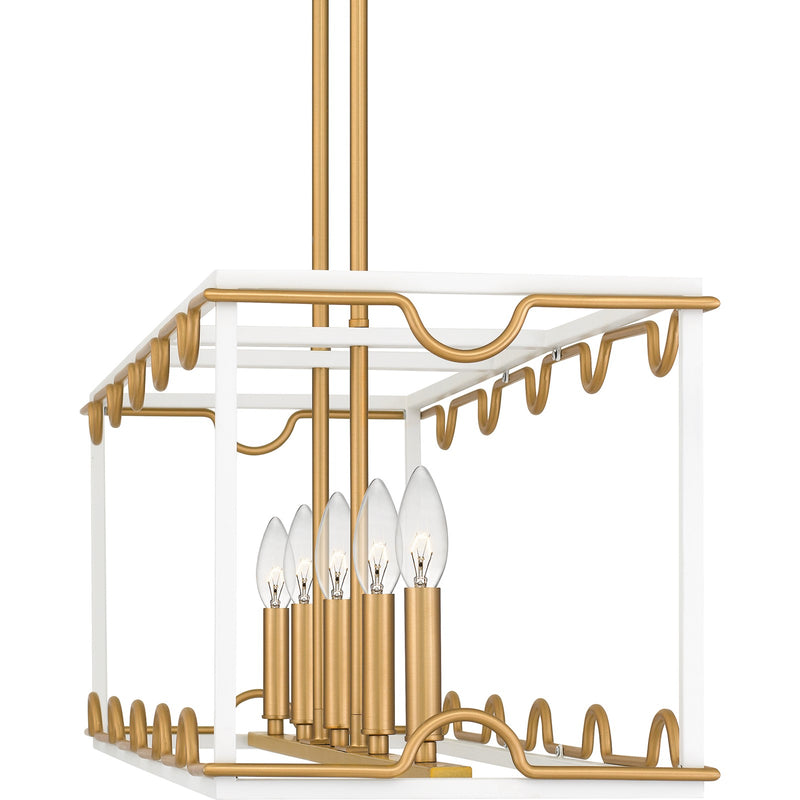 Quoizel Brinkman 42in 5-Light Island Chandelier | Modern Matte White and Brushed Weathered Brass Steel | Kitchen Island & Dining Room | Model BNK542W