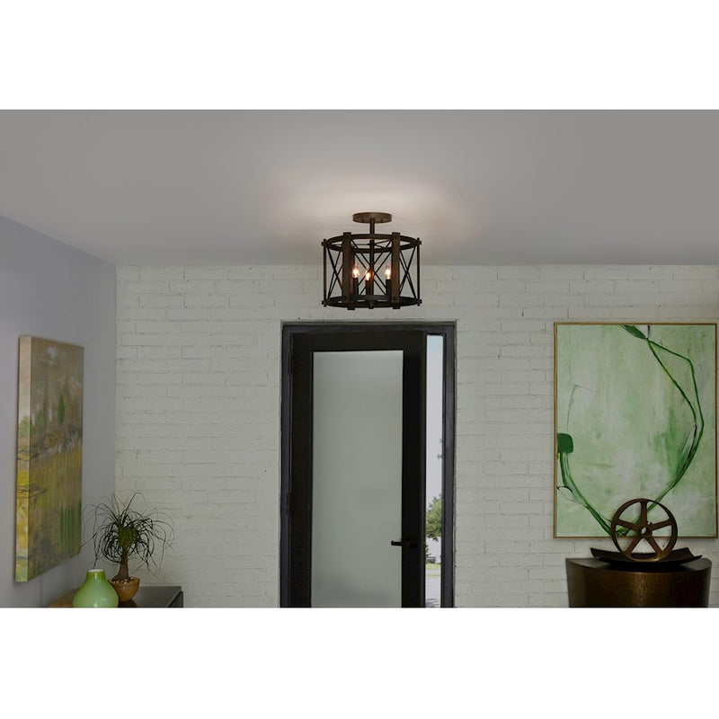 Quoizel Baron 15in 3-Light Semi-Flush Mount | Traditional Marcado Black Steel | Bedroom & Hallway | 15 x 15 x 14.5 in | Model BRO1715MK
