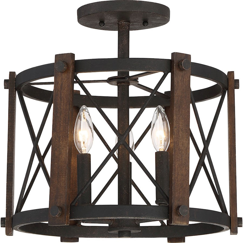 Quoizel Baron 15in 3-Light Semi-Flush Mount | Traditional Marcado Black Steel | Bedroom & Hallway | 15 x 15 x 14.5 in | Model BRO1715MK