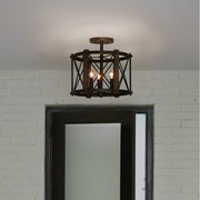 Quoizel Baron 15in 3-Light Semi-Flush Mount | Traditional Marcado Black Steel | Bedroom & Hallway | 15 x 15 x 14.5 in | Model BRO1715MK