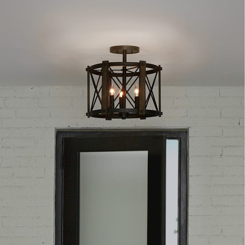 Quoizel Baron 15in 3-Light Semi-Flush Mount | Traditional Marcado Black Steel | Bedroom & Hallway | 15 x 15 x 14.5 in | Model BRO1715MK