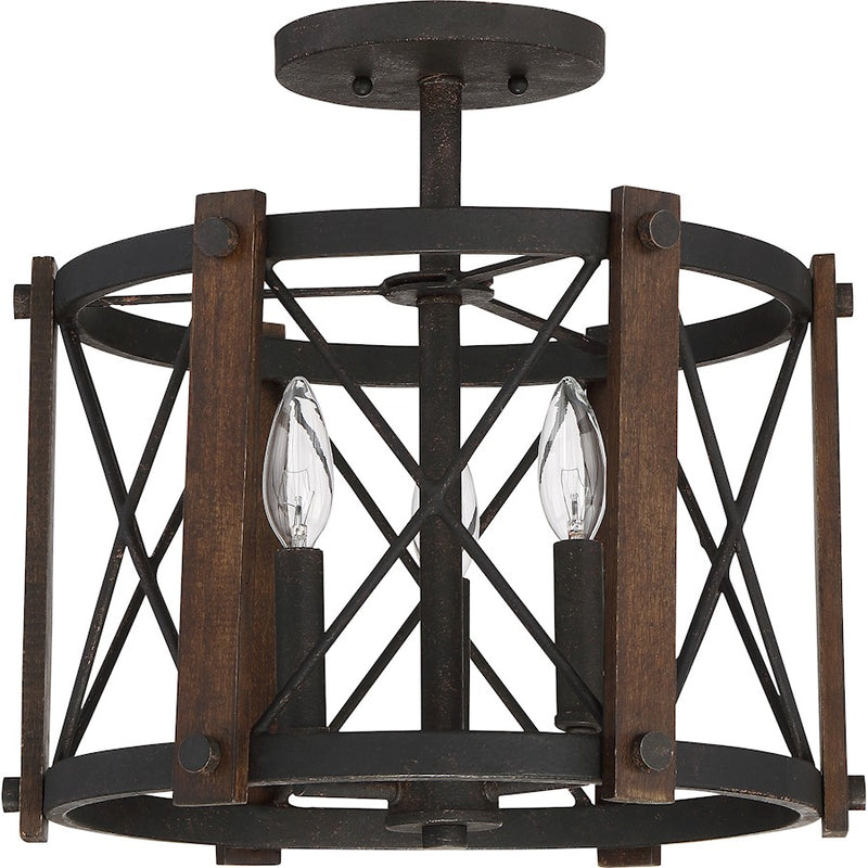 Quoizel Baron 15in 3-Light Semi-Flush Mount | Traditional Marcado Black Steel | Bedroom & Hallway | 15 x 15 x 14.5 in | Model BRO1715MK