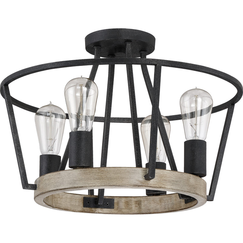 Quoizel Brockton 17in 4-Light Semi-Flush Mount | Farmhouse Grey Ash Steel and Faux Wood | Bedroom & Hallway | 17.5 x 17.5 x 12.25 in | Model BRT1717GK