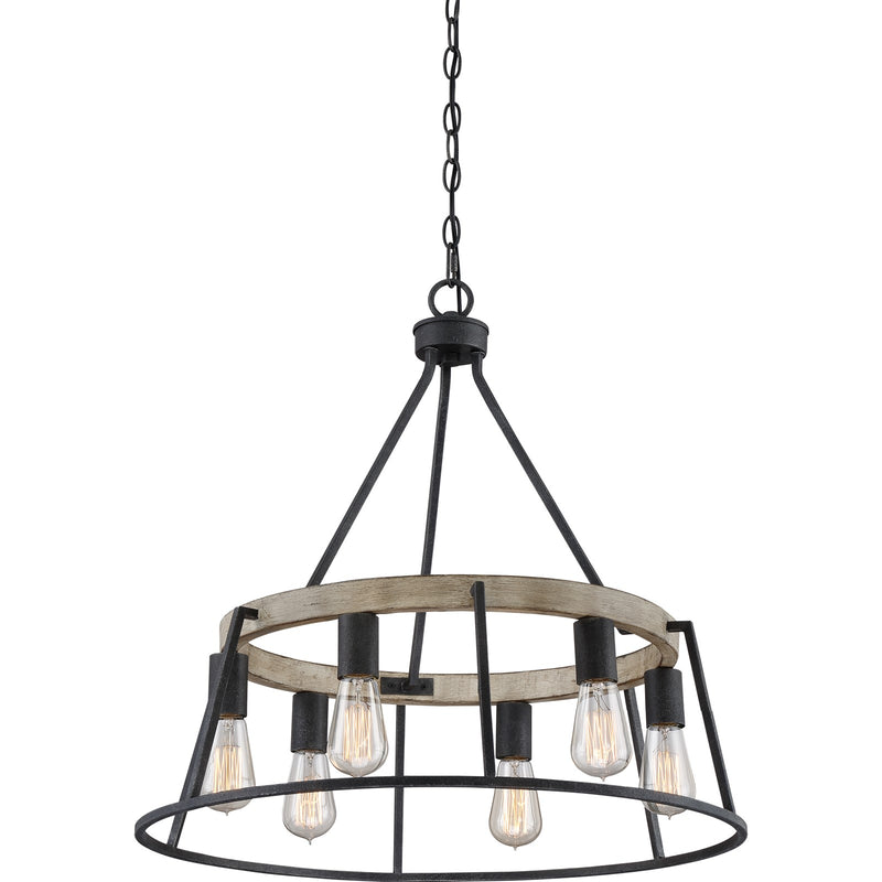 Quoizel Brockton 24in 6-Light Chandelier | Farmhouse Grey Ash Steel and Whitewash Faux Wood | Dining Room & Foyer | 24 x 24 x 24 in | Model BRT5006GK