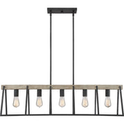 Quoizel Brockton 42in 5-Light Island Chandelier | Farmhouse Grey Ash Steel and Whitewash Faux Wood | Kitchen Island & Dining Room | Model BRT542GK