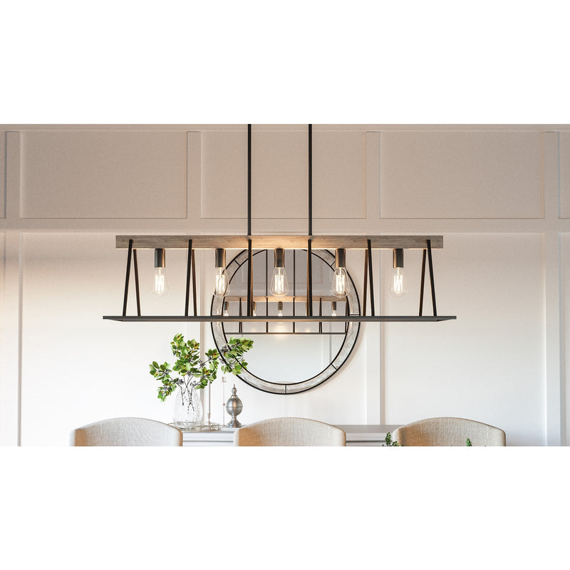 Quoizel Brockton 42in 5-Light Island Chandelier | Farmhouse Grey Ash Steel and Whitewash Faux Wood | Kitchen Island & Dining Room | Model BRT542GK