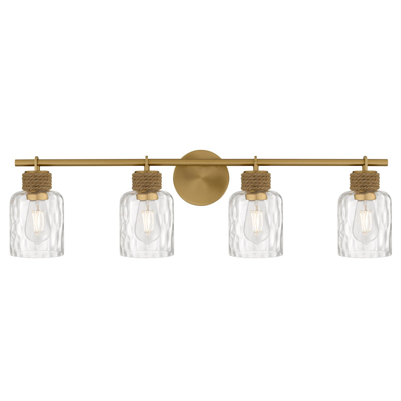 Quoizel Baltic 34in 4-Light Vanity Light | Coastal Brushed Gold and Clear Water Glass | Bathroom Vanity & Powder Room | Model BTC8634BRG