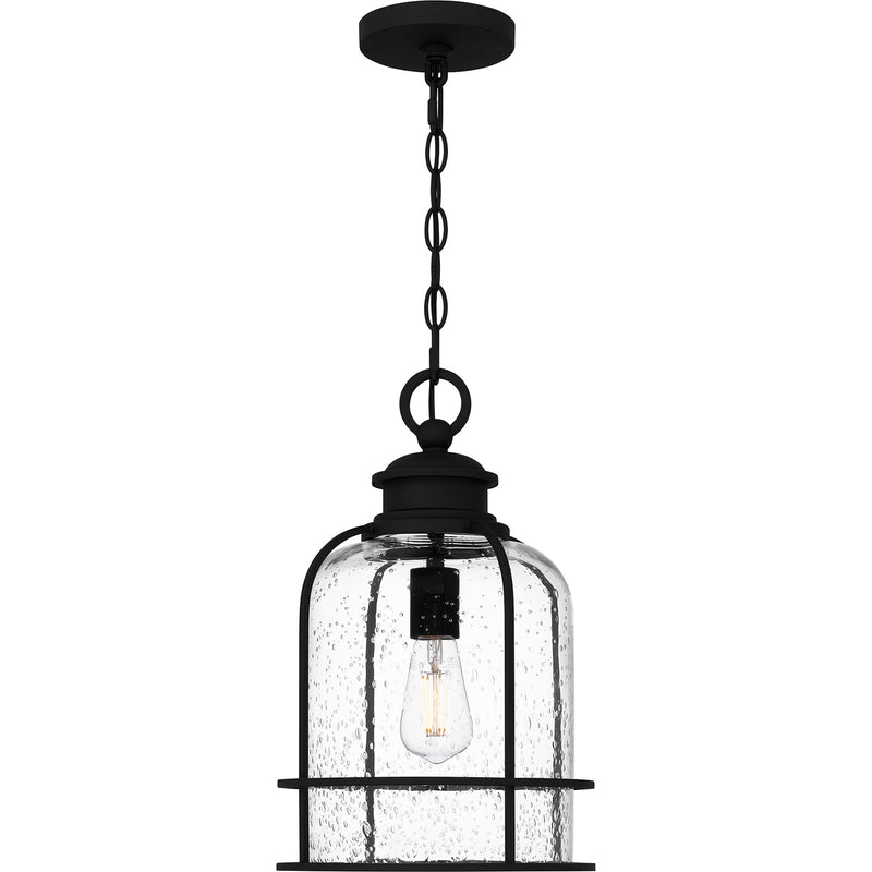 Quoizel Bowles 10in 1-Light Mini Pendant | Industrial Coastal Earth Black and Clear Seedy Glass | Kitchen Island & Bar | Model BWE1510EK