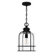 Quoizel Bowles 10in 1-Light Mini Pendant | Industrial Coastal Earth Black and Clear Seedy Glass | Kitchen Island & Bar | Model BWE1510EK