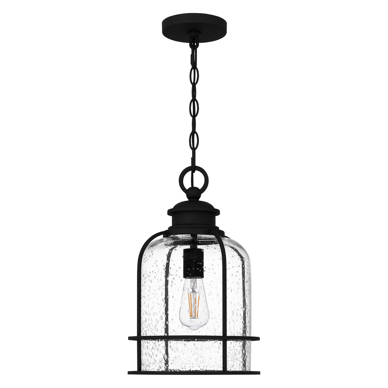 Quoizel Bowles 10in 1-Light Mini Pendant | Industrial Coastal Earth Black and Clear Seedy Glass | Kitchen Island & Bar | Model BWE1510EK