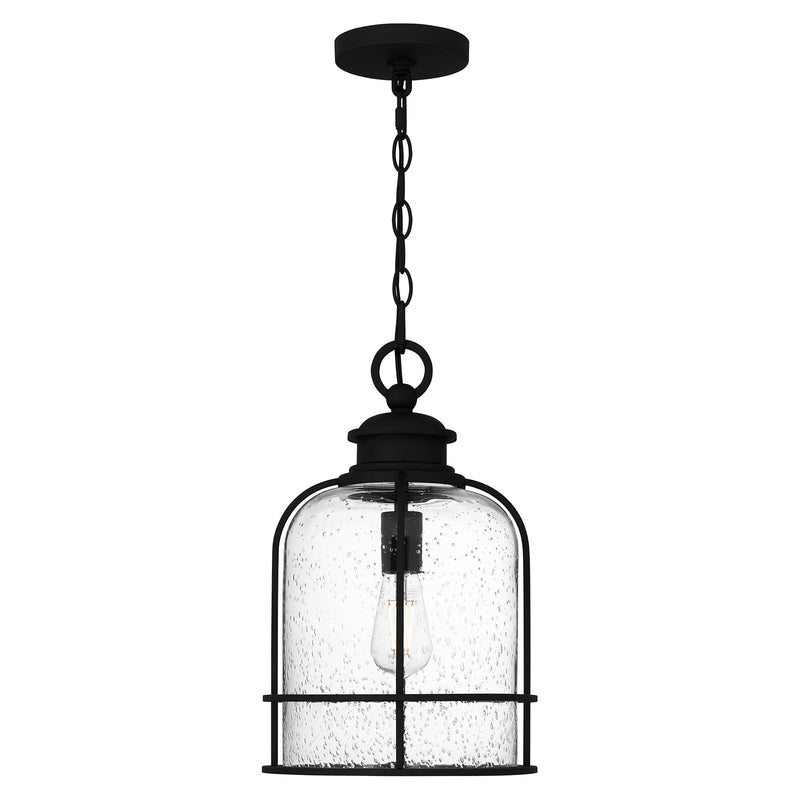Quoizel Bowles 10in 1-Light Mini Pendant | Industrial Coastal Earth Black and Clear Seedy Glass | Kitchen Island & Bar | Model BWE1510EK