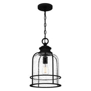 Quoizel Bowles 10in 1-Light Mini Pendant | Industrial Coastal Earth Black and Clear Seedy Glass | Kitchen Island & Bar | Model BWE1510EK