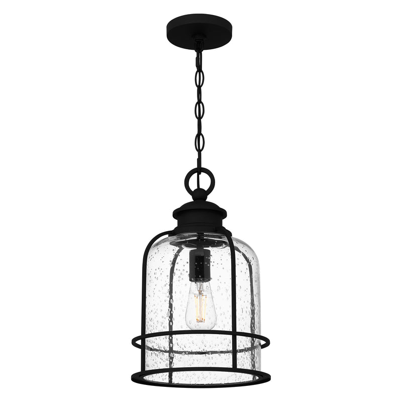 Quoizel Bowles 10in 1-Light Mini Pendant | Industrial Coastal Earth Black and Clear Seedy Glass | Kitchen Island & Bar | Model BWE1510EK