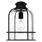 Quoizel Bowles 10in 1-Light Mini Pendant | Industrial Coastal Earth Black and Clear Seedy Glass | Kitchen Island & Bar | Model BWE1510EK
