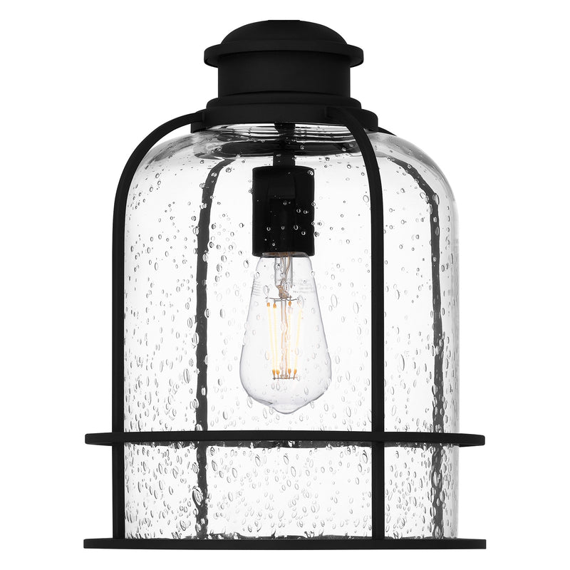 Quoizel Bowles 10in 1-Light Mini Pendant | Industrial Coastal Earth Black and Clear Seedy Glass | Kitchen Island & Bar | Model BWE1510EK