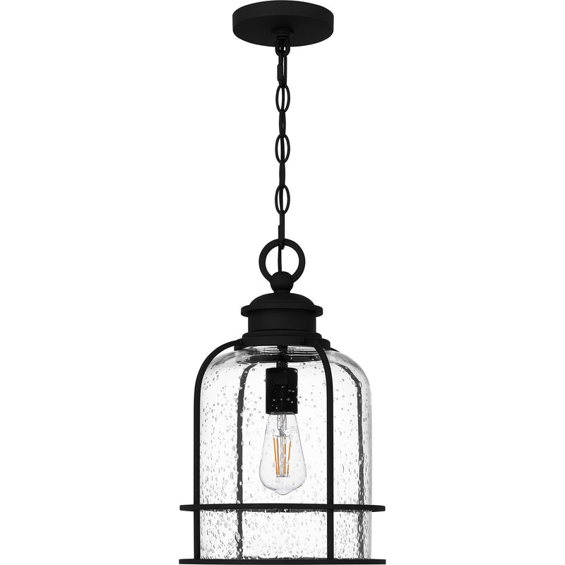 Quoizel Bowles 10in 1-Light Outdoor Lantern | Industrial Coastal Earth Black and Clear Seedy Glass | Front Porch & Patio | Model BWE1910EK