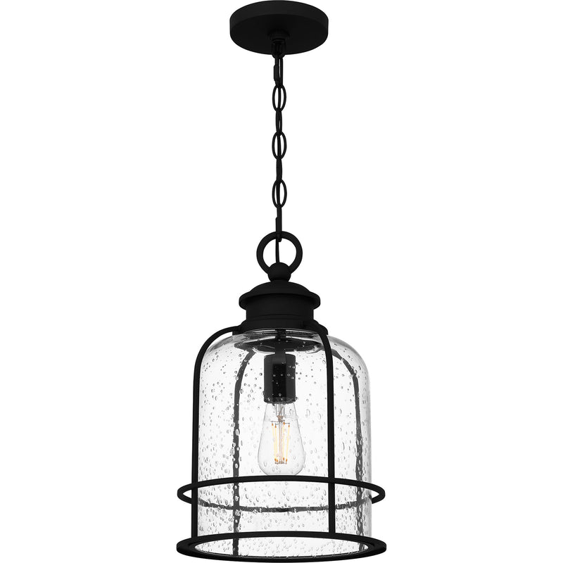 Quoizel Bowles 10in 1-Light Outdoor Lantern | Industrial Coastal Earth Black and Clear Seedy Glass | Front Porch & Patio | Model BWE1910EK