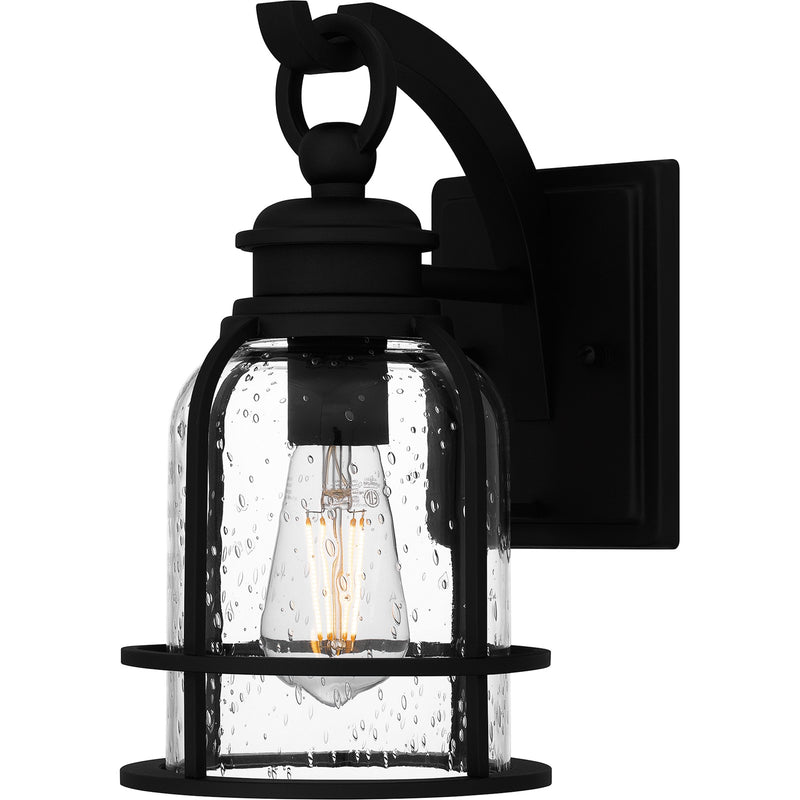 Quoizel Bowles 12in 1-Light Outdoor Wall Lantern | Industrial Coastal Earth Black and Clear Seedy Glass | Front Porch & Entryway | Model BWE8406EK