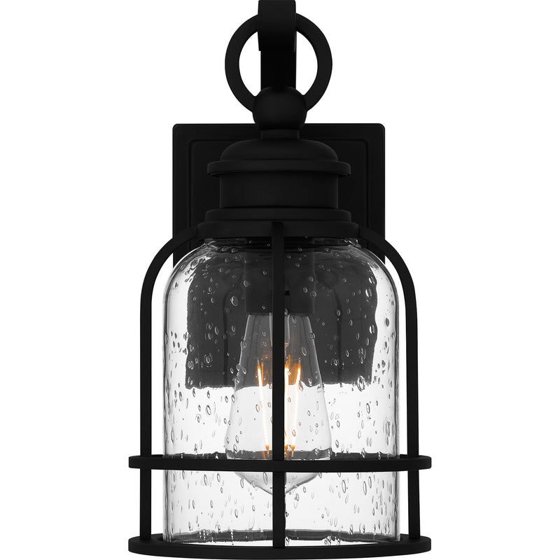Quoizel Bowles 12in 1-Light Outdoor Wall Lantern | Industrial Coastal Earth Black and Clear Seedy Glass | Front Porch & Entryway | Model BWE8406EK