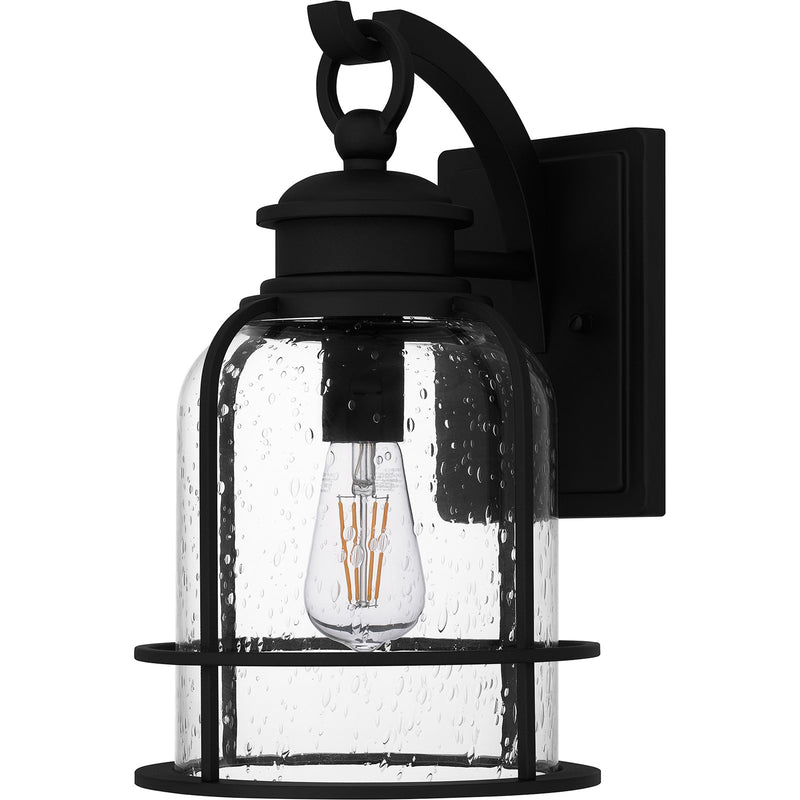 Quoizel Bowles 14.5in 1-Light Outdoor Wall Lantern | Industrial Coastal Earth Black and Clear Seedy Glass | Front Porch & Entryway | Model BWE8408EK