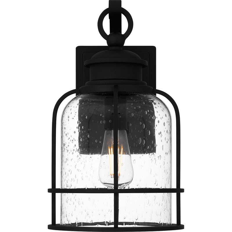 Quoizel Bowles 14.5in 1-Light Outdoor Wall Lantern | Industrial Coastal Earth Black and Clear Seedy Glass | Front Porch & Entryway | Model BWE8408EK