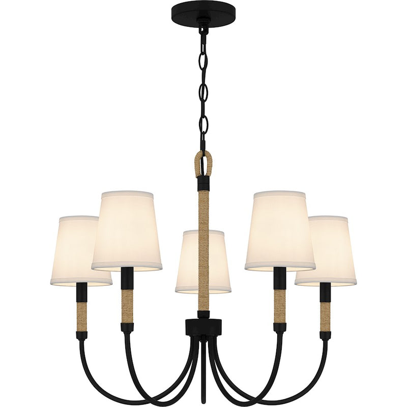 Quoizel Bayside 5 Light Chandelier, Matte Black/White Fabric - BYL5025MBK