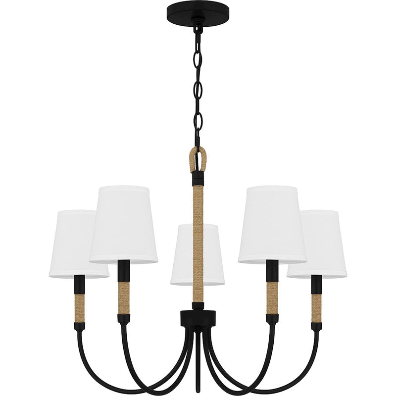 Quoizel Bayside 5 Light Chandelier, Matte Black/White Fabric