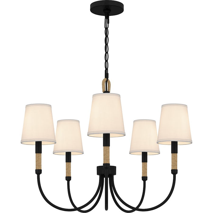 Quoizel Bayside 5 Light Chandelier, Matte Black/White Fabric