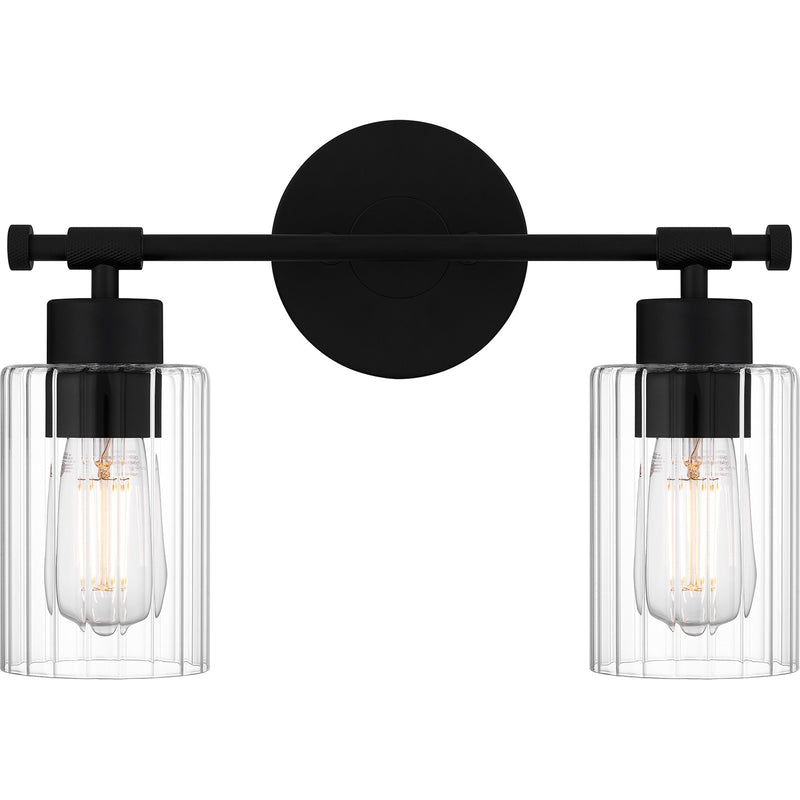 Quoizel Caputo 15in 2-Light Vanity Light | Modern Industrial Matte Black and Clear Ribbed Glass | Bathroom Vanity & Powder Room | Model CAP8615MBK