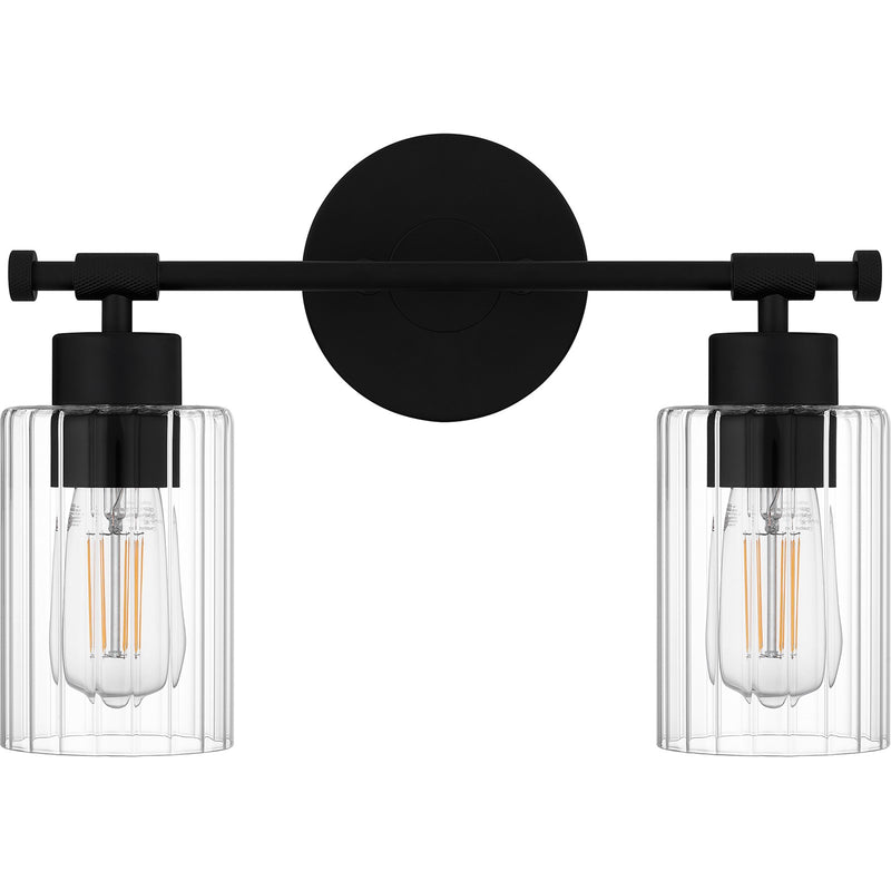 Quoizel Caputo 15in 2-Light Vanity Light | Modern Industrial Matte Black and Clear Ribbed Glass | Bathroom Vanity & Powder Room | Model CAP8615MBK
