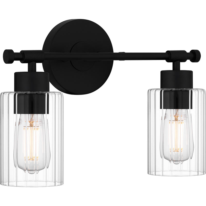 Quoizel Caputo 15in 2-Light Vanity Light | Modern Industrial Matte Black and Clear Ribbed Glass | Bathroom Vanity & Powder Room | Model CAP8615MBK