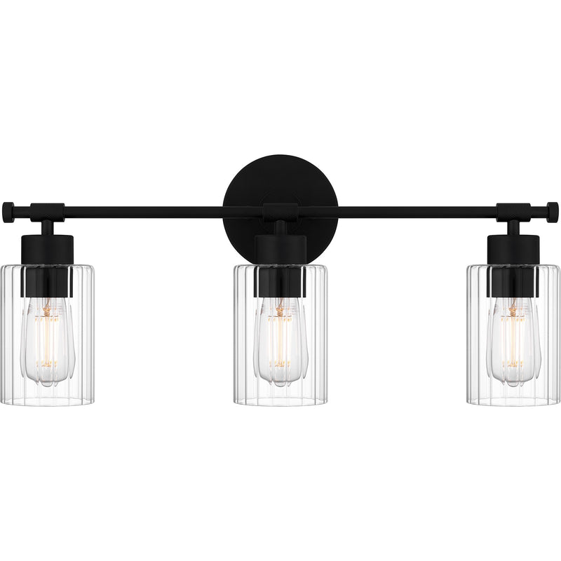 Quoizel Caputo 23in 3-Light Vanity Light | Modern Industrial Matte Black and Clear Ribbed Glass | Bathroom Vanity & Powder Room | Model CAP8623MBK