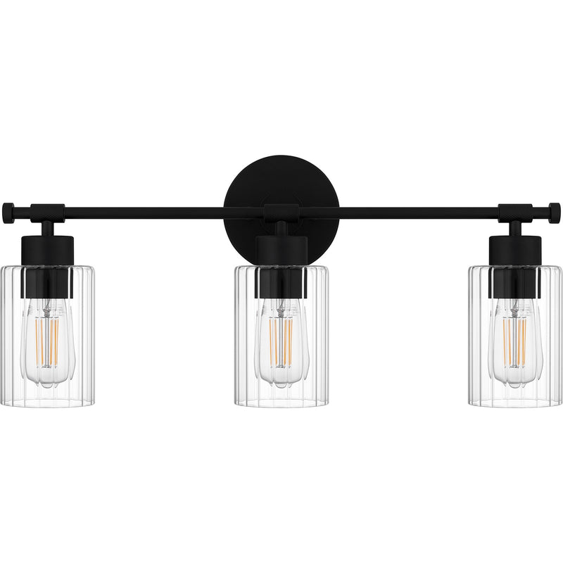 Quoizel Caputo 23in 3-Light Vanity Light | Modern Industrial Matte Black and Clear Ribbed Glass | Bathroom Vanity & Powder Room | Model CAP8623MBK