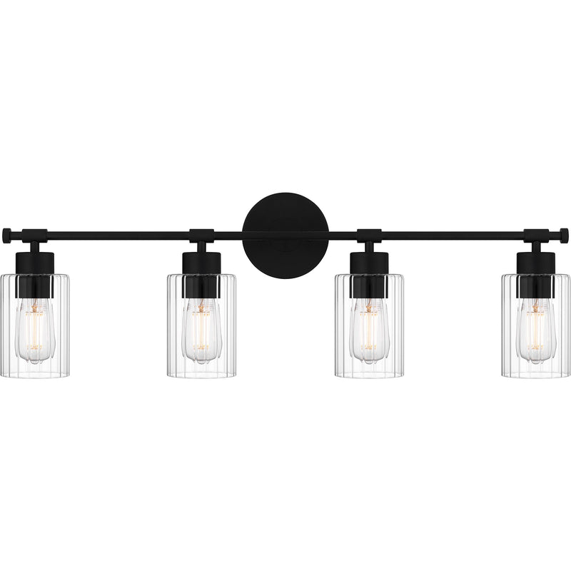 Quoizel Caputo 32in 4-Light Vanity Light | Modern Industrial Matte Black and Clear Ribbed Glass | Bathroom Vanity | Model CAP8632MBK