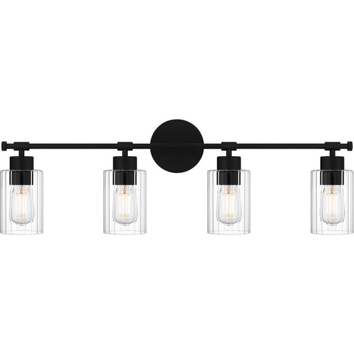 Quoizel Caputo 32in 4-Light Vanity Light | Modern Industrial Matte Black and Clear Ribbed Glass | Bathroom Vanity | Model CAP8632MBK