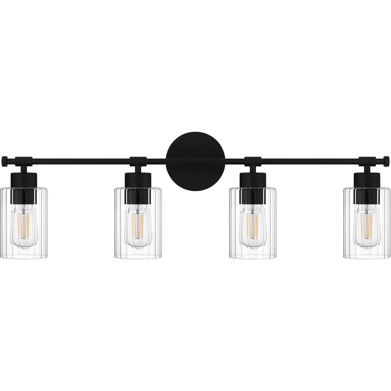 Quoizel Caputo 32in 4-Light Vanity Light | Modern Industrial Matte Black and Clear Ribbed Glass | Bathroom Vanity | Model CAP8632MBK