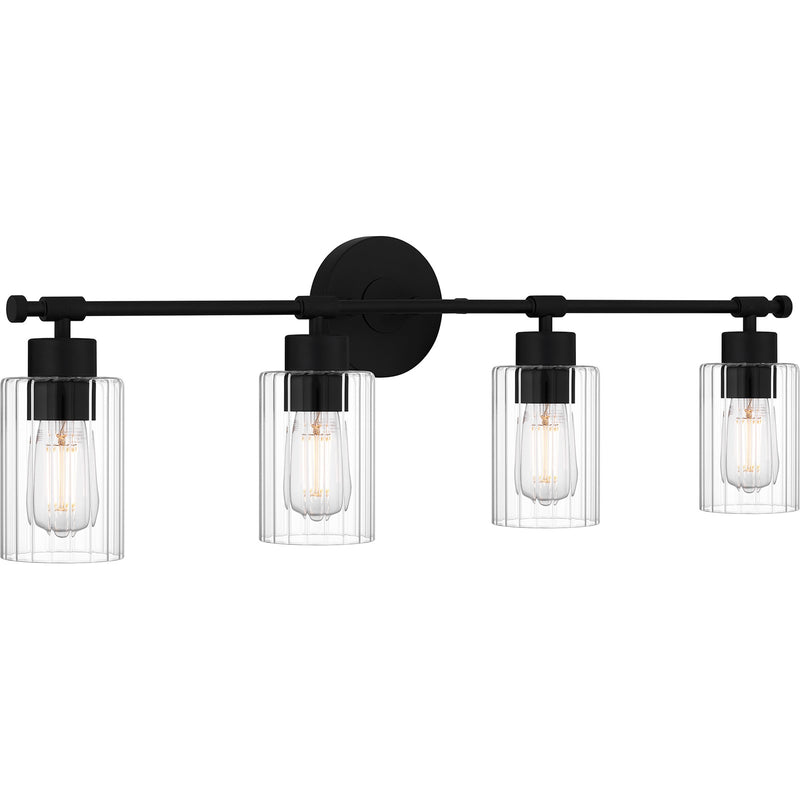 Quoizel Caputo 32in 4-Light Vanity Light | Modern Industrial Matte Black and Clear Ribbed Glass | Bathroom Vanity | Model CAP8632MBK