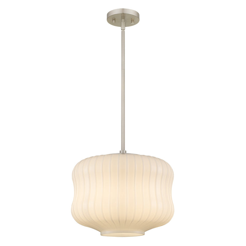 Quoizel Cara 14in 1-Light Pendant | Modern Brushed Nickel and Ribbed Clear Opal Glass | Kitchen Island & Dining Room | Model CARA1814BN