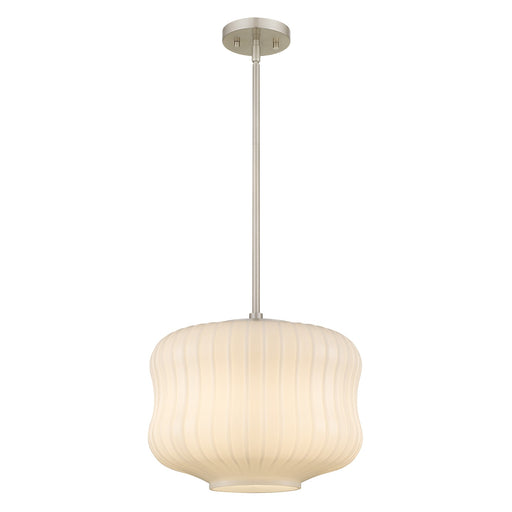 Quoizel Cara 14in 1-Light Pendant | Modern Brushed Nickel and Ribbed Clear Opal Glass | Kitchen Island & Dining Room | Model CARA1814BN