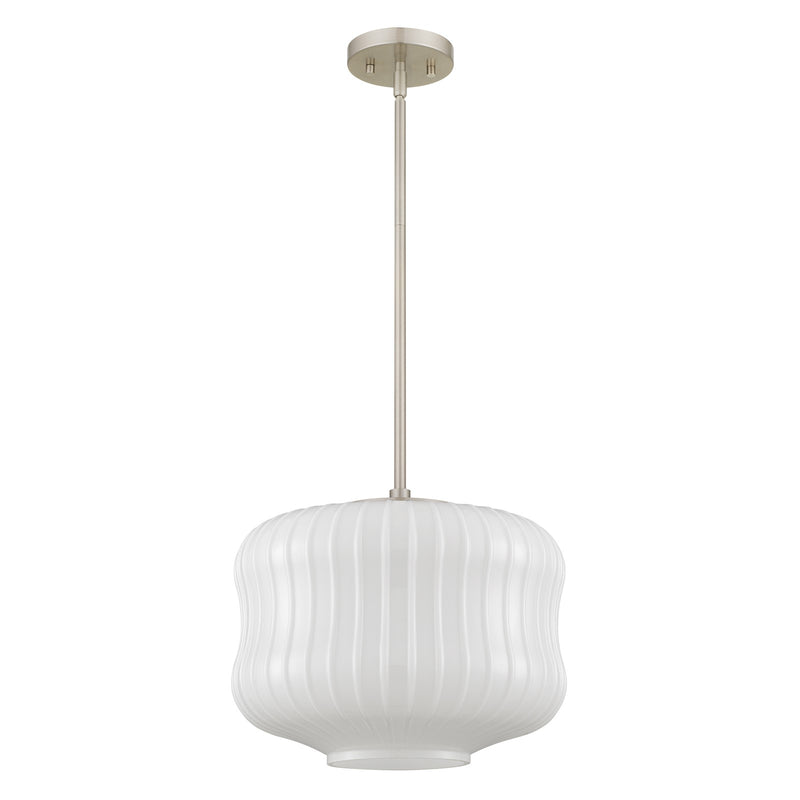 Quoizel Cara 14in 1-Light Pendant | Modern Brushed Nickel and Ribbed Clear Opal Glass | Kitchen Island & Dining Room | Model CARA1814BN