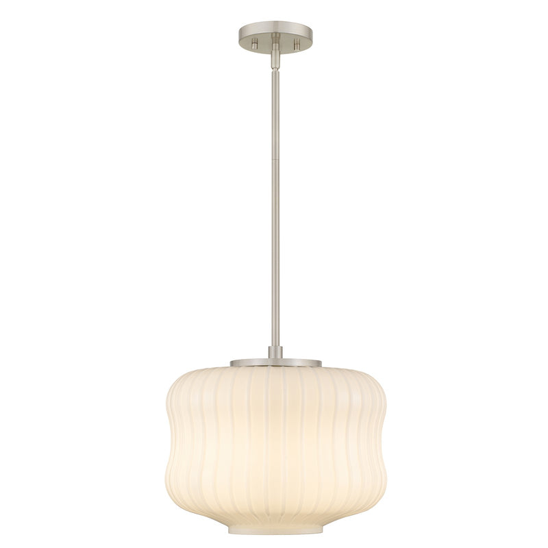 Quoizel Cara 14in 1-Light Pendant | Modern Brushed Nickel and Ribbed Clear Opal Glass | Kitchen Island & Dining Room | Model CARA1814BN