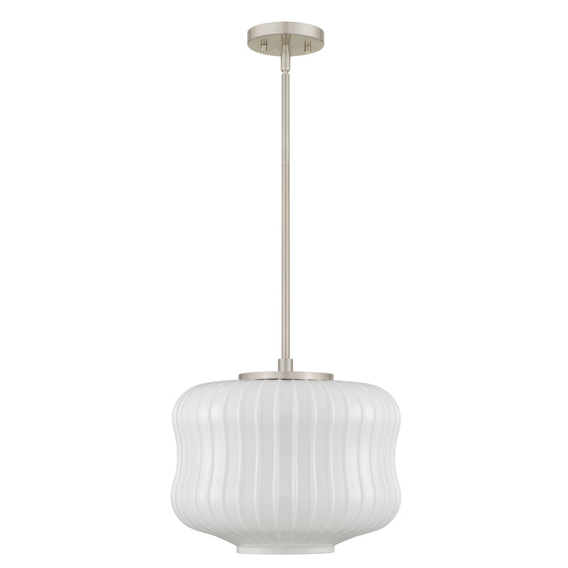 Quoizel Cara 14in 1-Light Pendant | Modern Brushed Nickel and Ribbed Clear Opal Glass | Kitchen Island & Dining Room | Model CARA1814BN