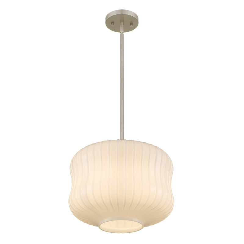 Quoizel Cara 14in 1-Light Pendant | Modern Brushed Nickel and Ribbed Clear Opal Glass | Kitchen Island & Dining Room | Model CARA1814BN